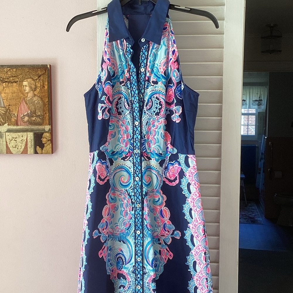 Lilly Pulitzer Navy Halter Maxi Dress with Pink & Aqua Paisley